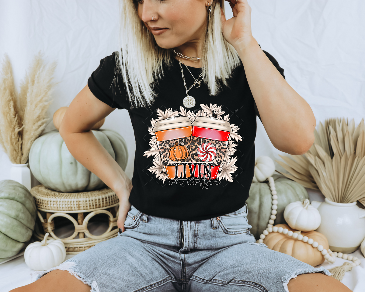 Livin' on coffee (two coffee travel cups, leopard, peppermint, pumpkin) 112215 DTF TRANSFER