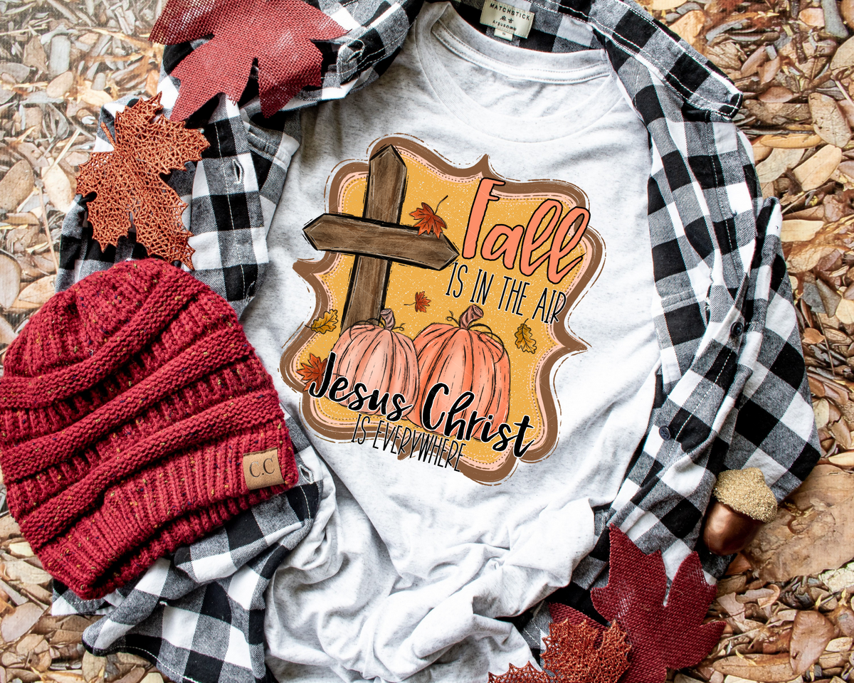 Fall Is In The Air Jesus Christ Is Everywhere Pumpkins Cross Yellow Brown 112304 DTF TRANSFER