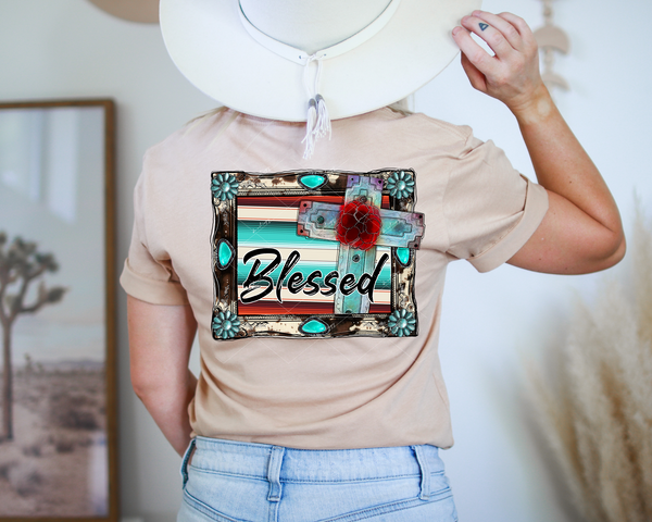 Blessed (western frame with turquoise stone, western stripe print background, rustic metal cross, black marker lettering) 1239 DTF TRANSFER