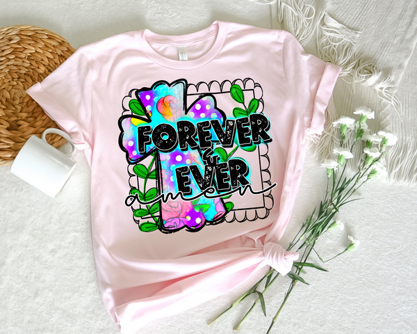 Forever & Ever (bright colors, cross with scallop border, greenery) 2491 DTF TRANSFER