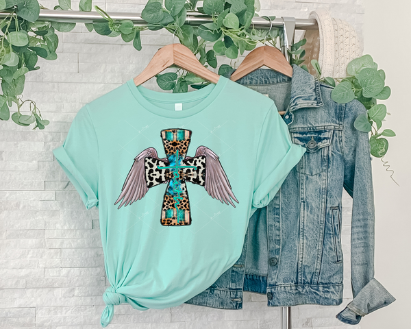 Faith (cross filled with cow print, leopard print, western stripes, dusty rose wings, teal cursive lettering with dark outline) 1377 DTF TRANSFER