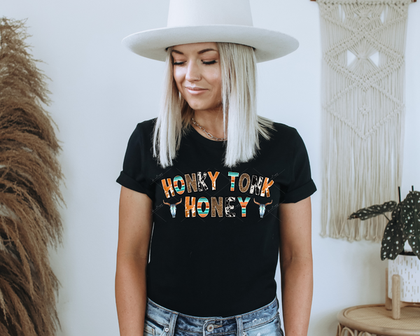 Honky Tonk Honey (block letters with western texture fill, cow skulls) 1540 DTF TRANSFER