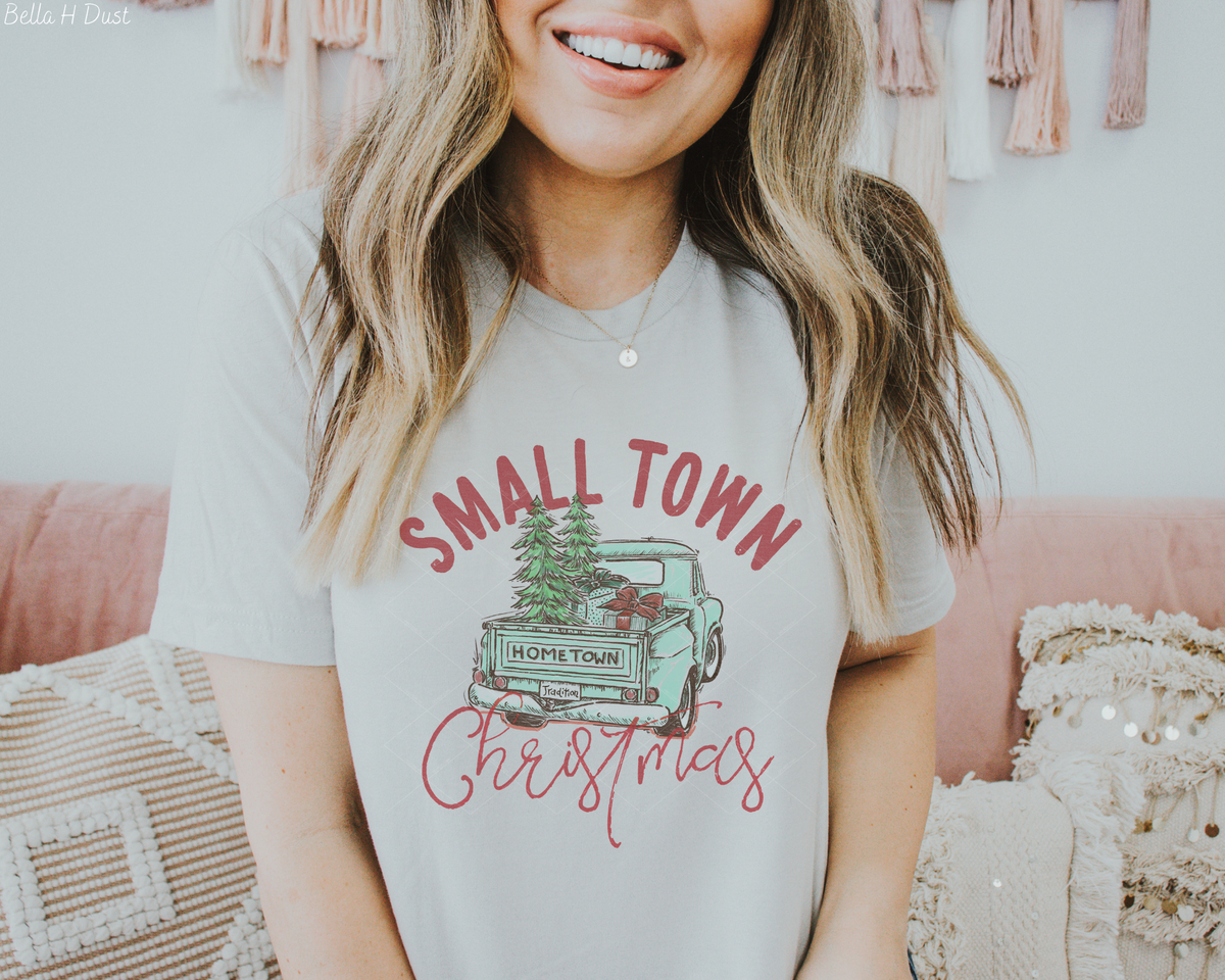 Small Town Christmas Teal Truck (Red Font) 8446 DTF TRANSFER