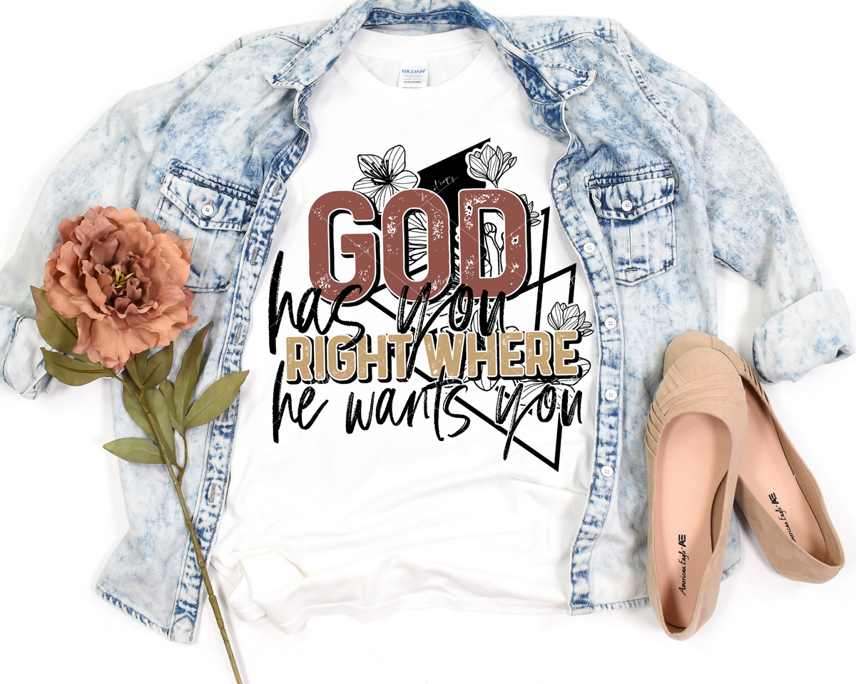 God Has You Right Where He Wants You (earth tones, black marker lettering, triangles & flowers) 1942 DTF Transfer