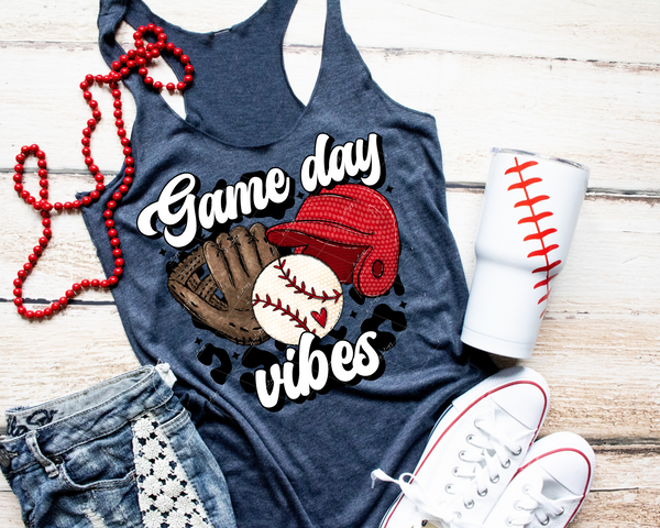 Game Day Vibes (brown baseball mitt, white & red, baseball, red helmet, white 70's vibe lettering) 9053 DTF TRANSFER