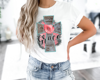 Grace (large cross, turquoise trim, weathered wood, pink flower, pink & white polka dot) 1451 DTF TRANSFER
