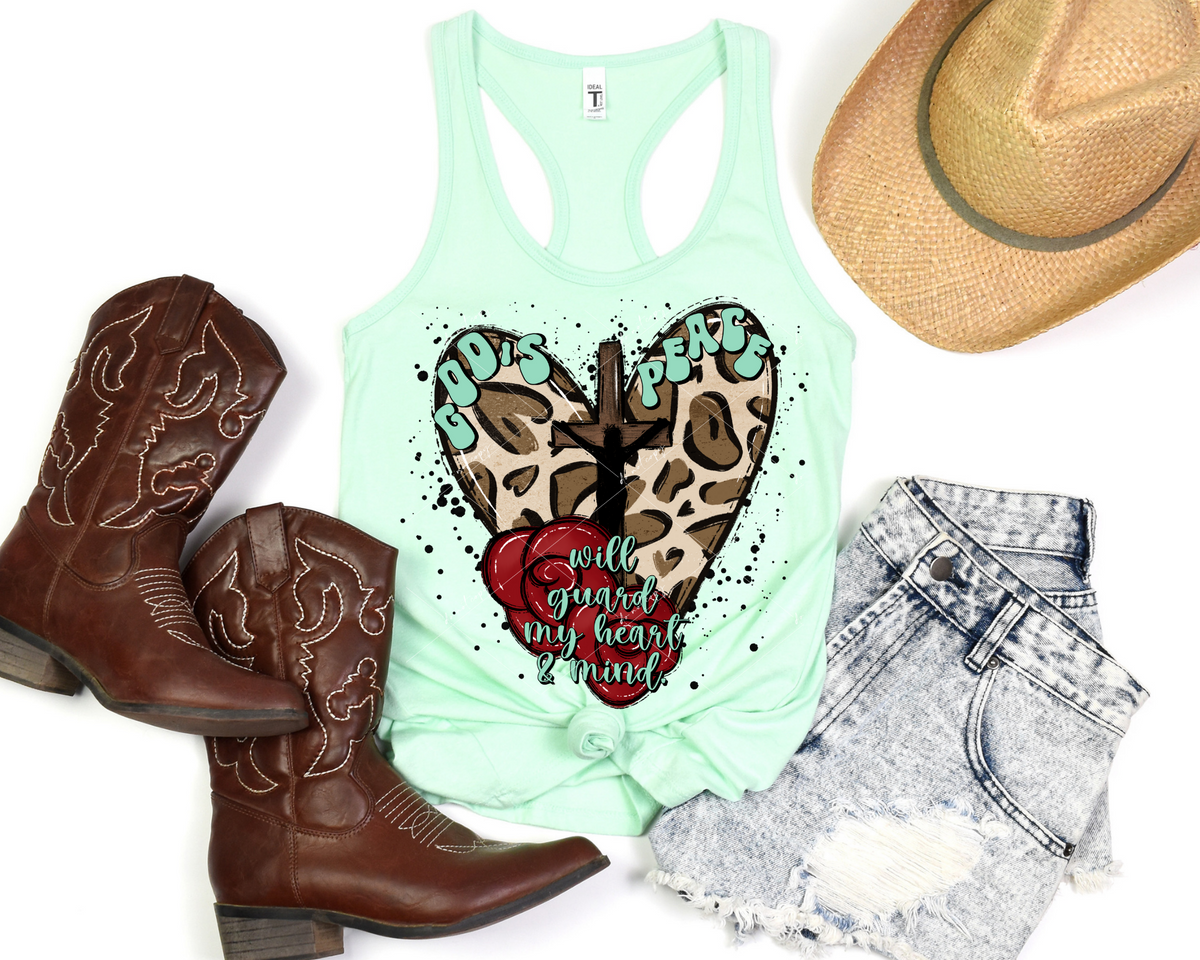 God's Peace Will Guard My Heart & Mind (cross with Jesus, heart with leopard print, red rosettes, lime green lettering) 8944 DTF Transfer