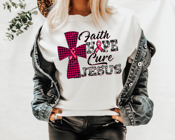 Faith Hope Cure Jesus (pink & black buffalo check cross with pink ribbon, black distressed lettering with pink drop shadow) 1379 DTF TRANSFER