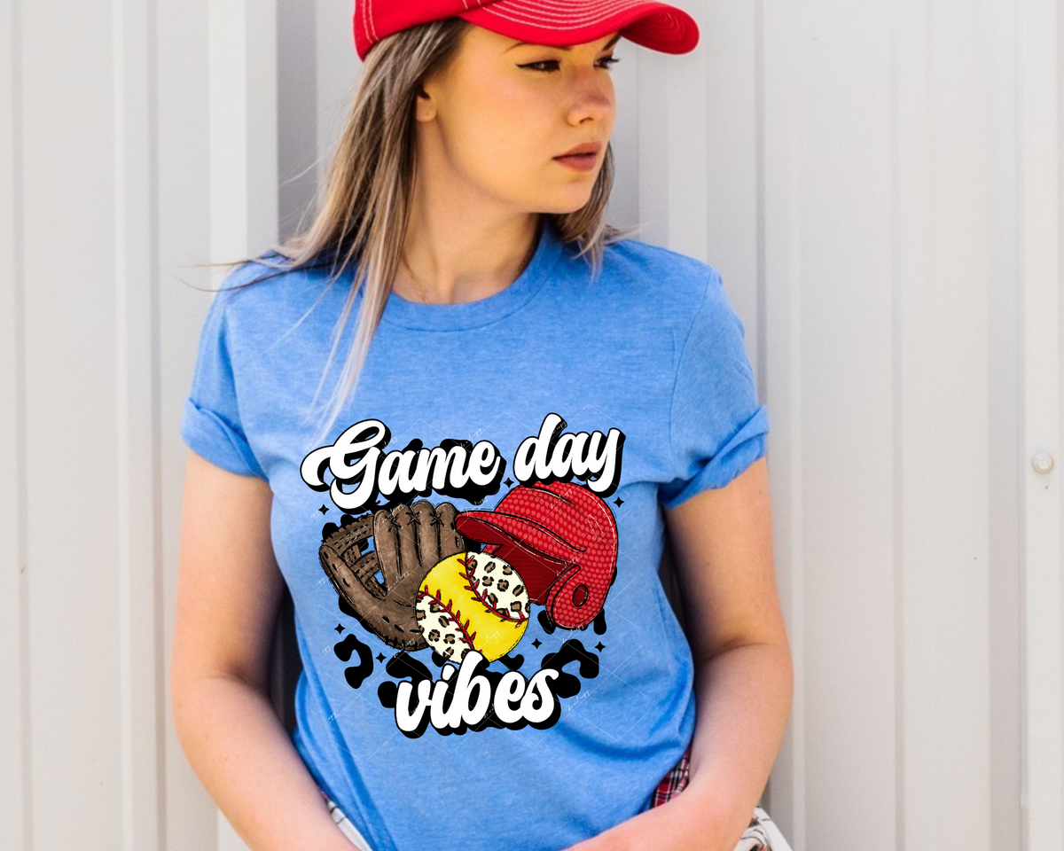 Game Day Vibes (brown mit softball mitt, leopard, yellow & red soft baseball, red helmet, white 70's vibe lettering) 9054 DTF TRANSFER