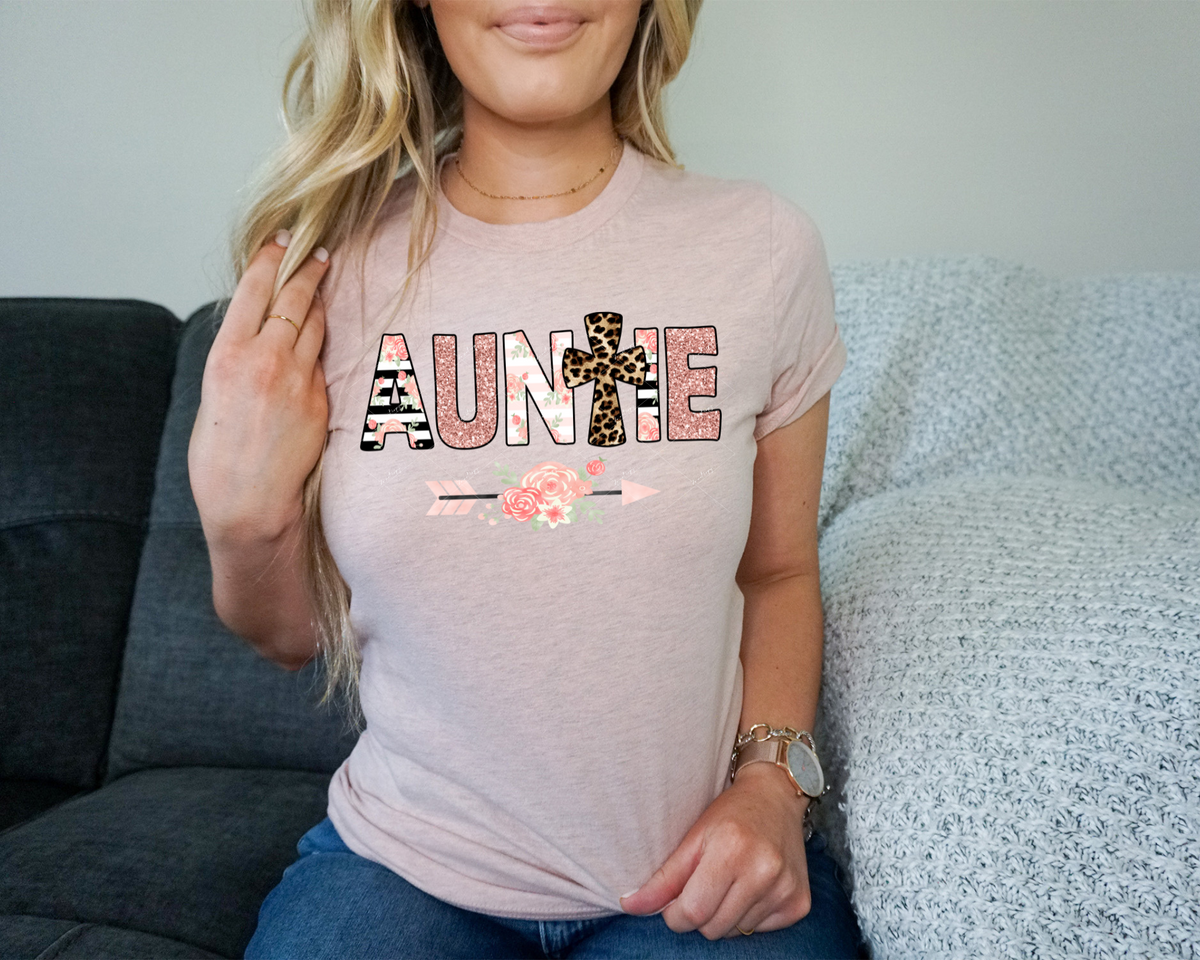 Auntie (leopard print cross, boho arrow, flowers, coral colors) 1217 DTF TRANSFER