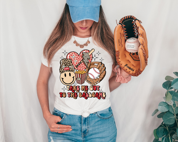 Take Me Out To The Ballgame happy face bolt (baseball elements, leopard print brown & red, 70's vibe lettering) 8900 DTF Transfer
