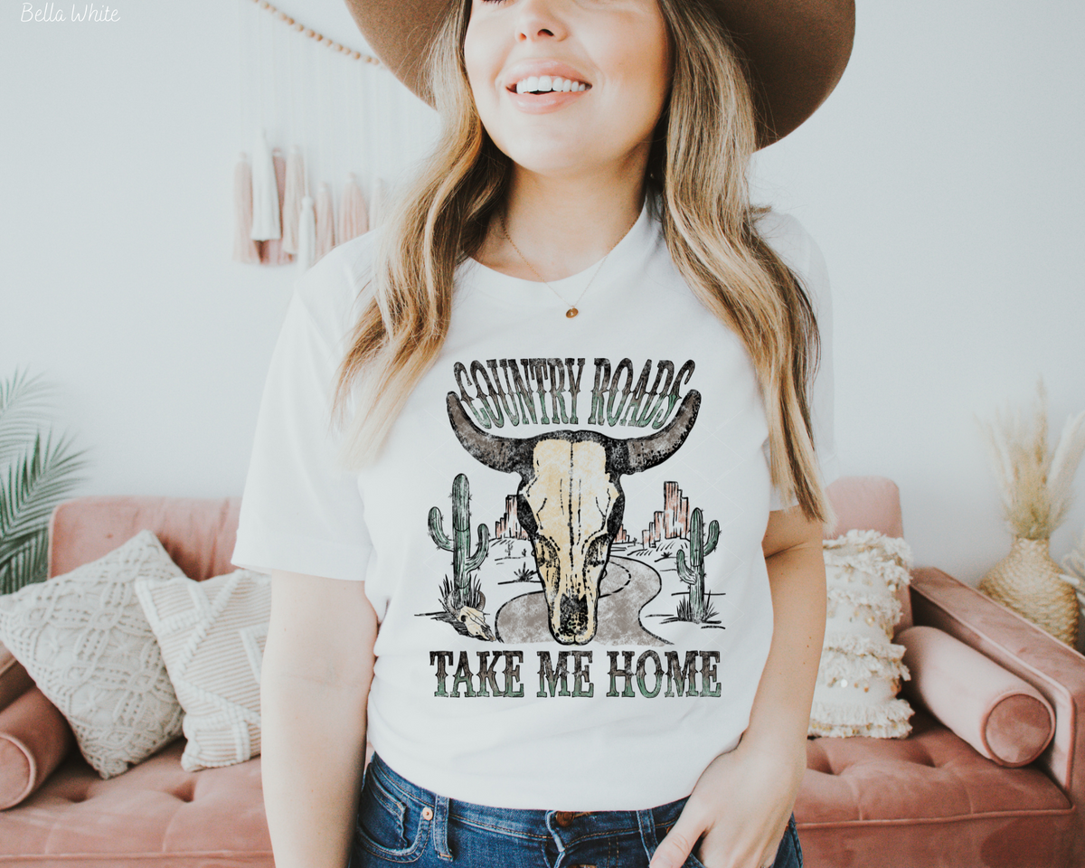Country Roads Take Me Home Skull Head Cow Print (Brown Green Font) 112386 DTF TRANSFER