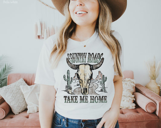 Country Roads Take Me Home Skull Head Cow Print (Brown Green Font) DTF TRANSFER