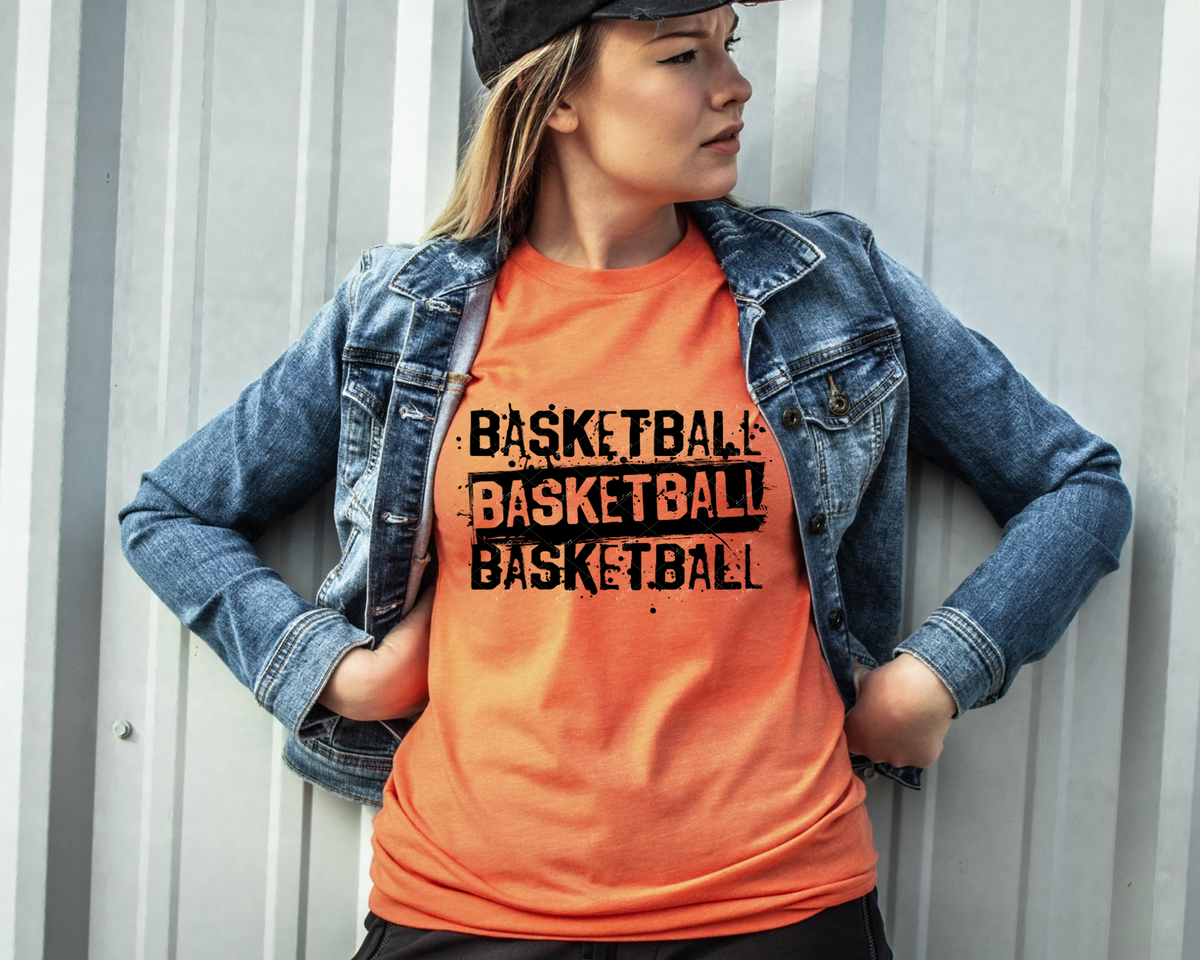 Basketball (basketball x3, splatter, stencil block black lettering) 1930 DTF TRANSFER