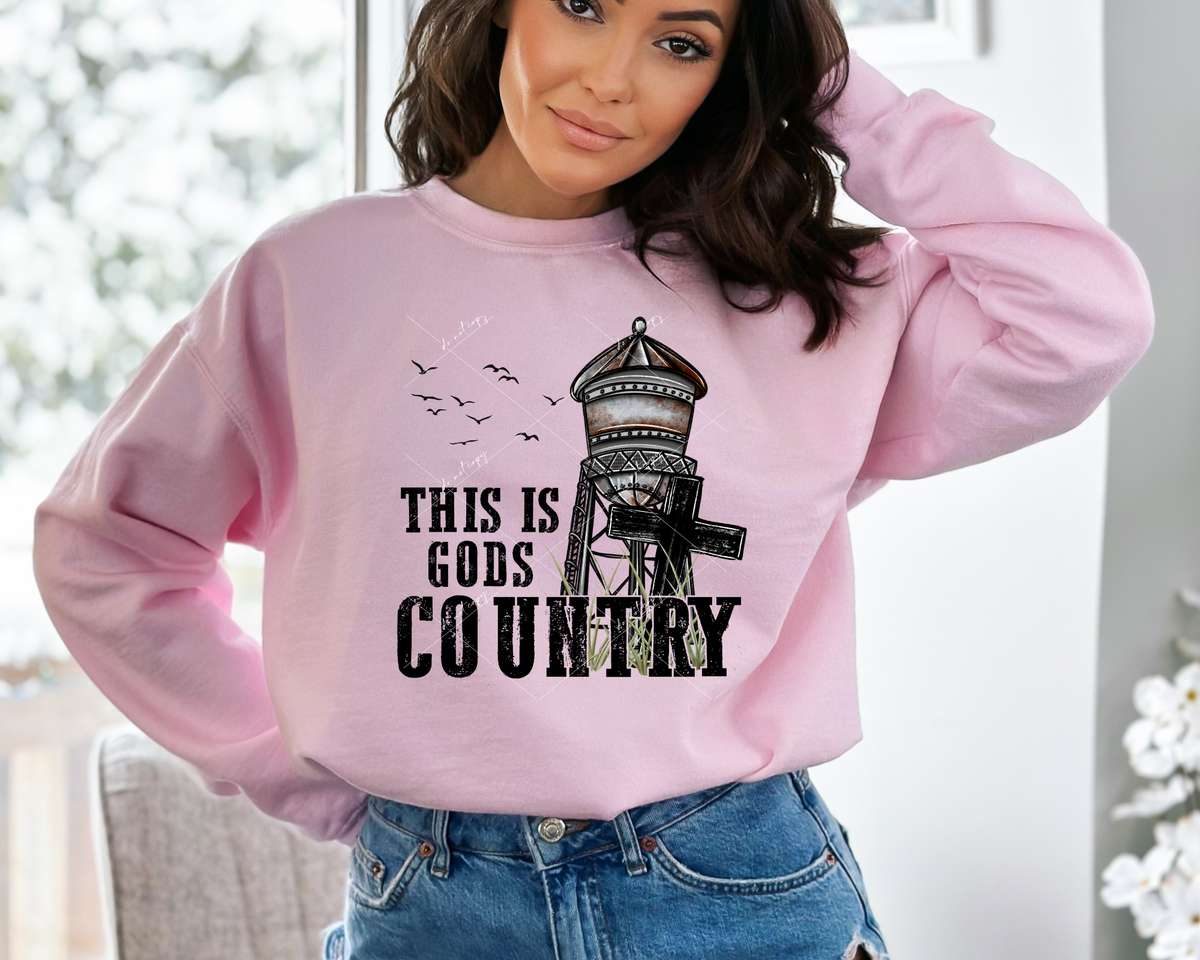This Is Gods Country (water tower, cross, birds, black distressed lettering) 8946 DTF Transfer