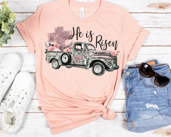 He is Risen (old truck, pink/peach roses, distressed cross) 1367 DTF TRANSFER