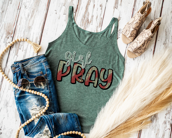 Girl Pray (sage green handwriting, block lettering with boho texture fill) DTF TRANSFER