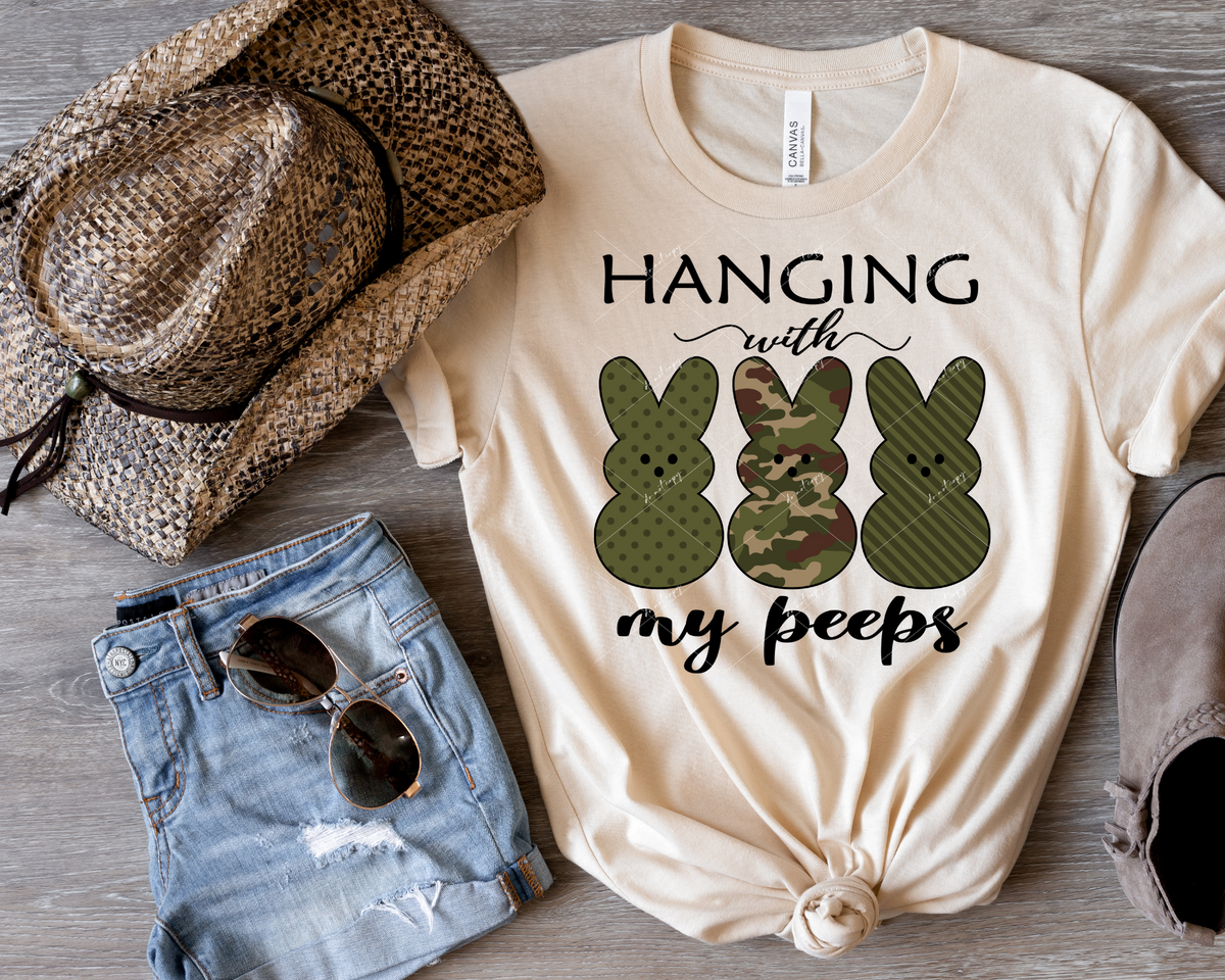 Hanging with my peeps (three peeps, camo, polka dot, stripe, camo green) 1466 DTF TRANSFER