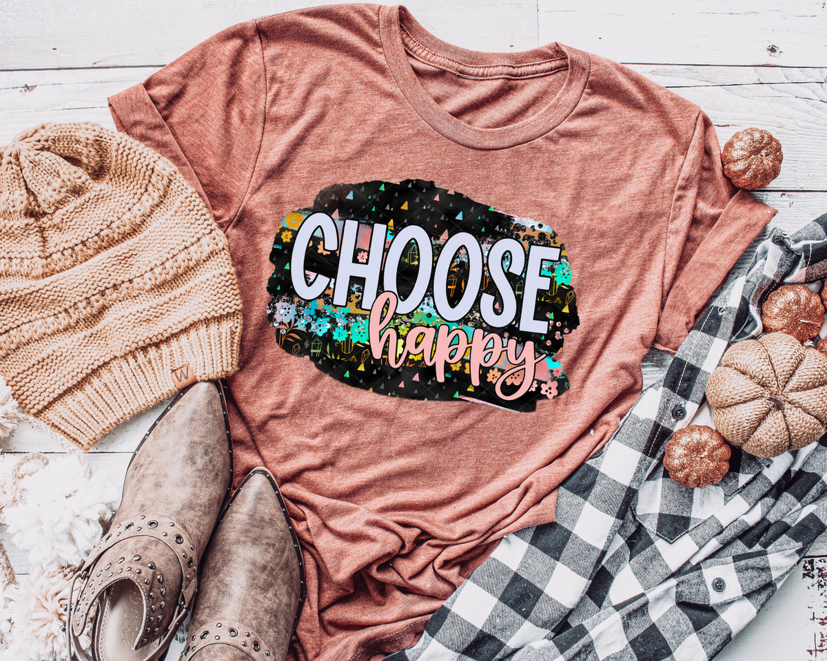 Choose Happy Black Background With Crystals Floral 112448 DTF TRANSFER