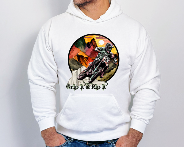 Grip It & Rip It (dirt biker, with bright earth tone mountain scene background) 8947 DTF Transfer
