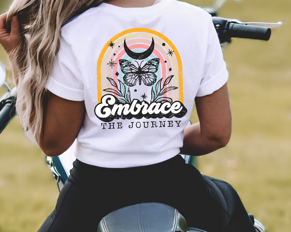 Embrace the Journey (yellow, peach, light teal colors, rainbow, moon, butterfly, retro lettering, distressed) 1373 DTF TRANSFER