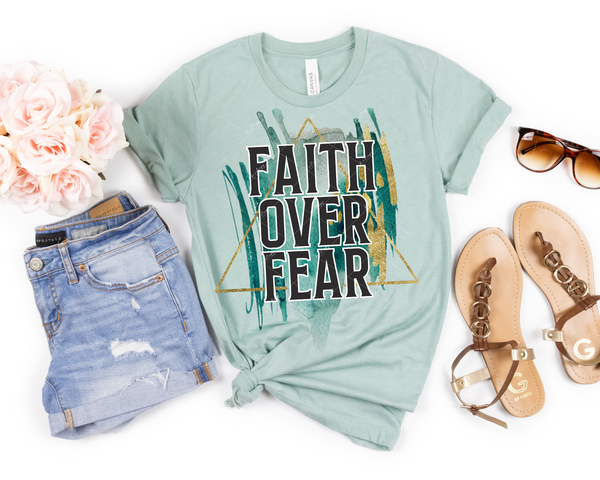 Faith Over Fear (green and gold glitter watercolor background, black with white outline lettering) DTF TRANSFER