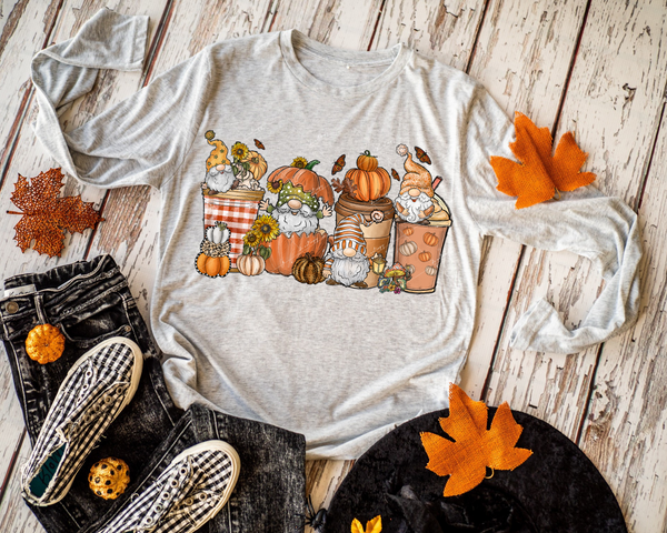 Fall gnomes with coffee cups, pumpkins, mushrooms, sunflowers, Fall colors 1383 DTF TRANSFER