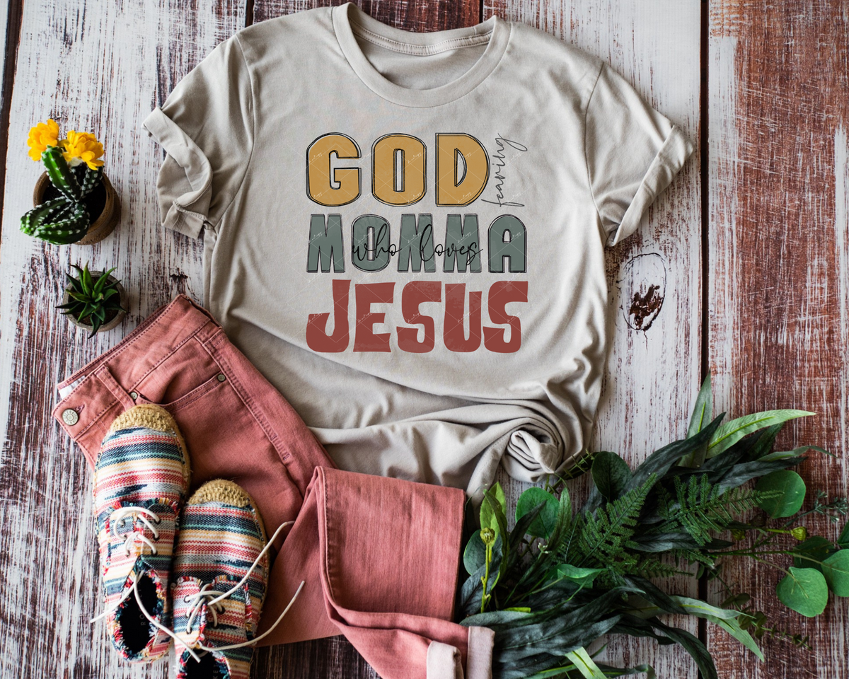 God Fearing Momma Who Loves Jesus (mustard, sage, terra cotta colored block lettering with black handwriting) 9056 DTF TRANSFER