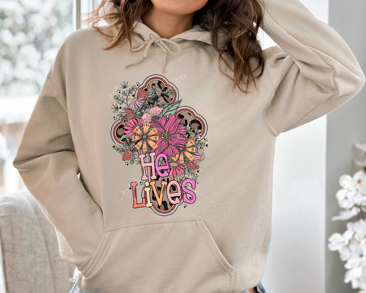 He Lives floral cross (cross filled with leopard print, topped with pink, coral, orange flowers and lettering) 8948 DTF Transfer