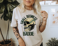 Small Business Baddie (skull, lightning bolt, leopard print, green colored block lettering) 1981 DTF TRANSFER