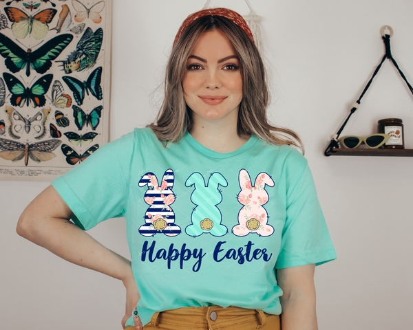 Happy Easter (three bunny backs, navy, mint green, coral floral, stripes) 1489 DTF TRANSFER