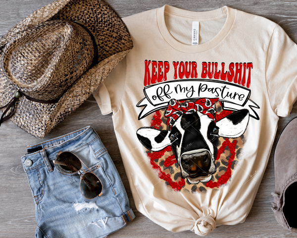 Keep Your Bullshit Off My Pasture (red 70's font, banner black lettering, heifer head with hair tie, leopard and red glitter background) 1646 DTF TRANSFER