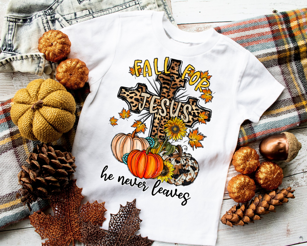 Fall For Jesus He Never Leaves (decorative cross leopard print, pumpkins, leaves, sunflowers, turquoise stones, Fall colors) 1384 DTF TRANSFER