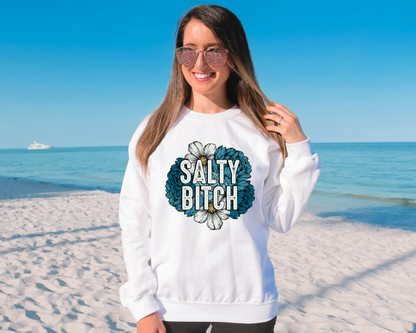 Salty Bitch (shades of teal flowers, white flowers, white block lettering distressed) 8877 DTF Transfer