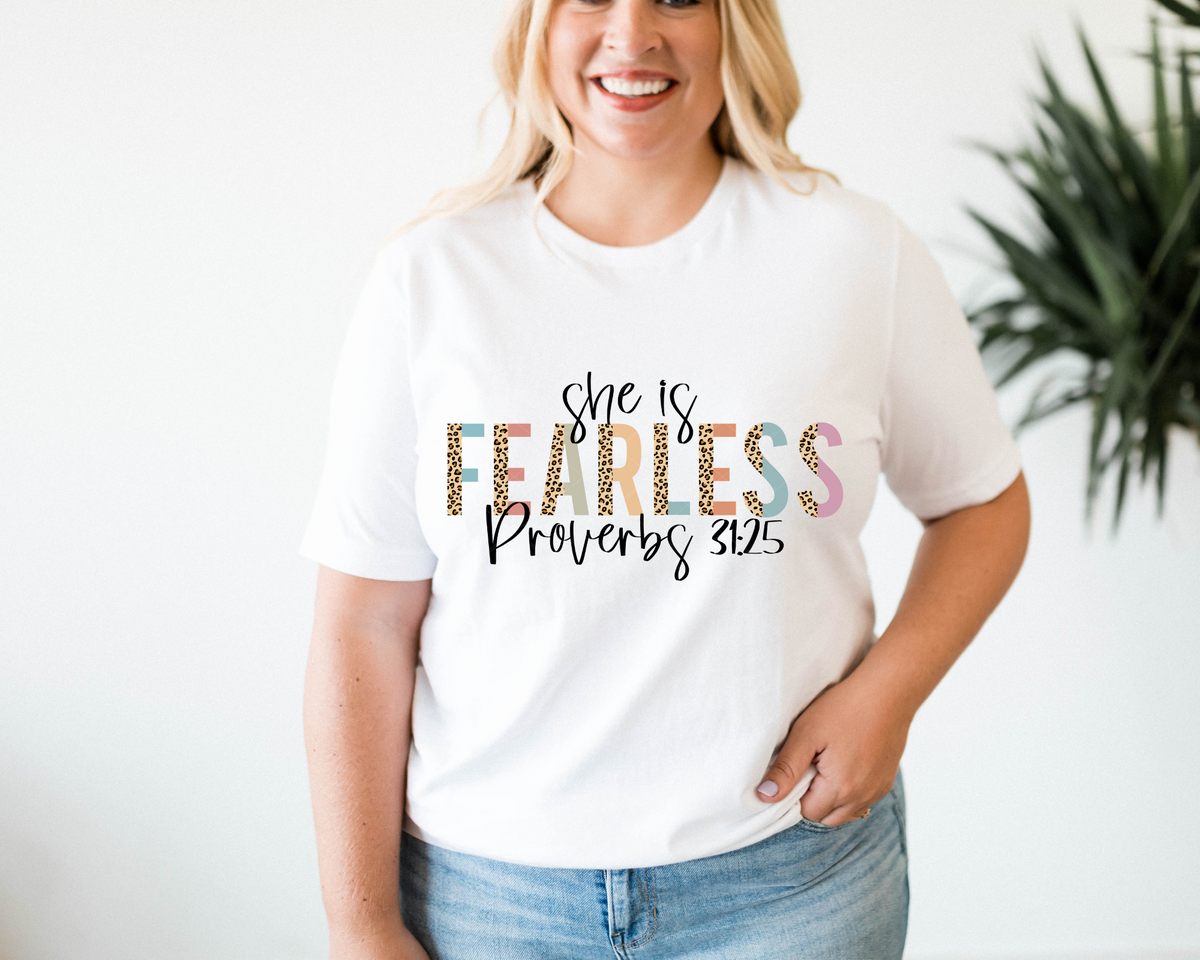 She Is Fearless Proverbs 31:25 Leopard 112591 DTF TRANSFER