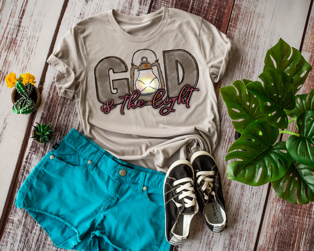 God Is The Light (brown block letters, lantern, dark rose handwriting) 9058 DTF TRANSFER
