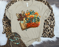 Saved By Grace (wooden cross, open book, bright orange, teal, yellows, butterflies, flowers) 8878 DTF Transfer