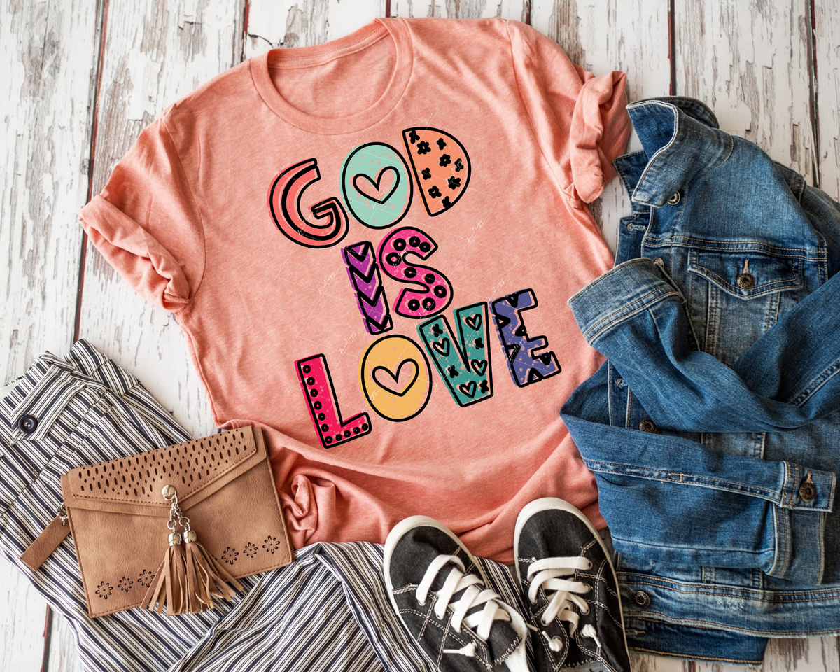 God Is Love (bright block lettering with black filled elements) 2372 DTF TRANSFER