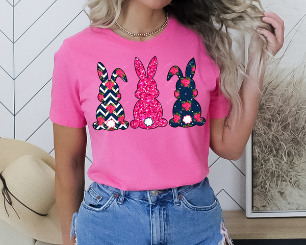 Bunny backs filled navy blue chevron, pink glitter, navy blue with pink flowers DTF TRANSFER