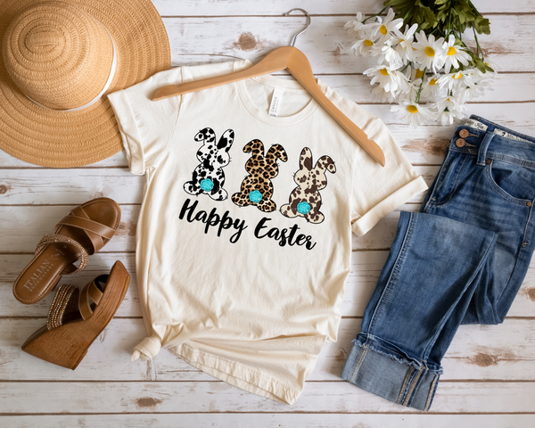 Happy Easter (three bunny backs, cow print, leopard print, teal tails) 1490 DTF TRANSFER