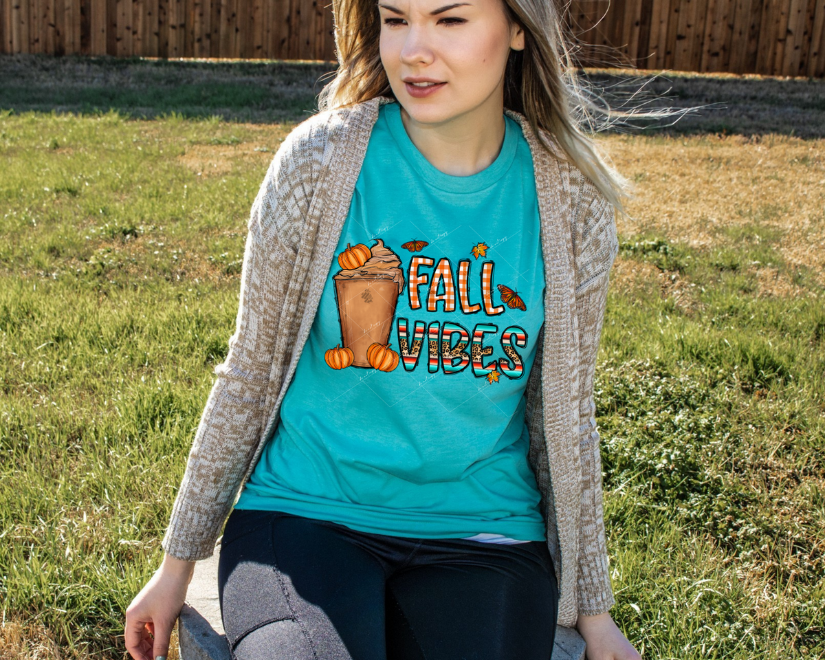 Fall Vibes (coffee cup, pumpkins, leaves, butterflies, round block lettering with orange gingham and western stripes patterns) 1386 DTF TRANSFER