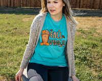 Fall Vibes (coffee cup, pumpkins, leaves, butterflies, round block lettering with orange gingham and western stripes patterns) 1386 DTF TRANSFER