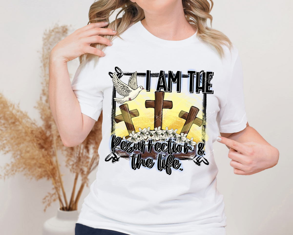 I Am The Resurrection & The Life (three wooden crosses, white lilies, dove black lettering and frame) DTF Transfer