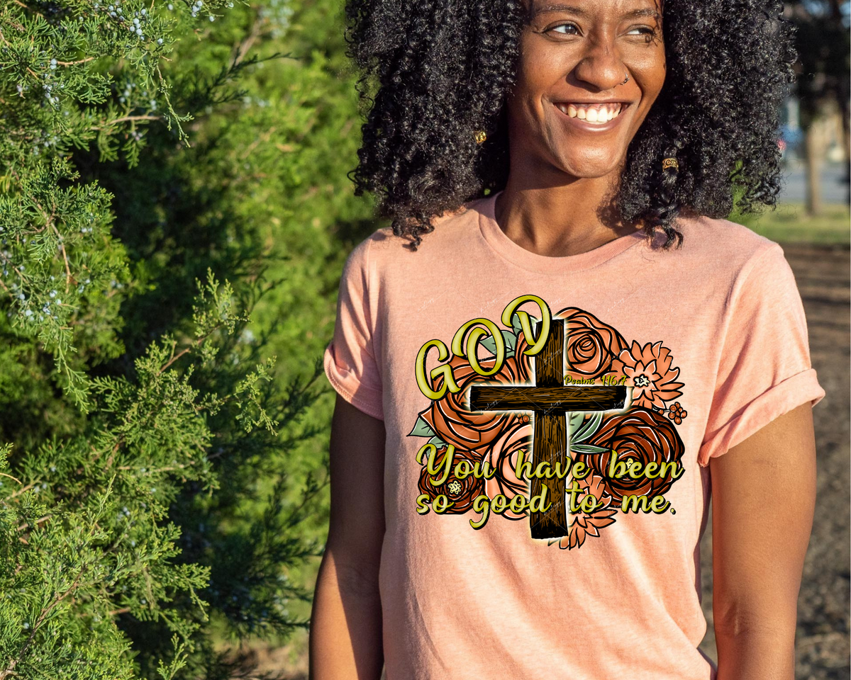 God You Have Been So Good To Me. (orange variations of flowers background, wooden cross, gold lettering) DTF TRANSFER