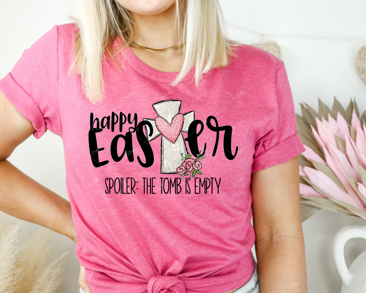 Happy Easter spoiler: the tomb is empty (black lettering, silver cross, dusty pink heart and floral) 1494 DTF TRANSFER