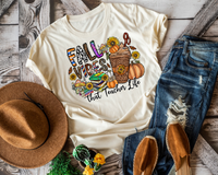 Fall Vibes That Teacher Life (coffee cup, pumpkins, mushrooms, butterflies, stacked books, round block lettering with leopard print, cow print, western stripes) 1387 DTF TRANSFER