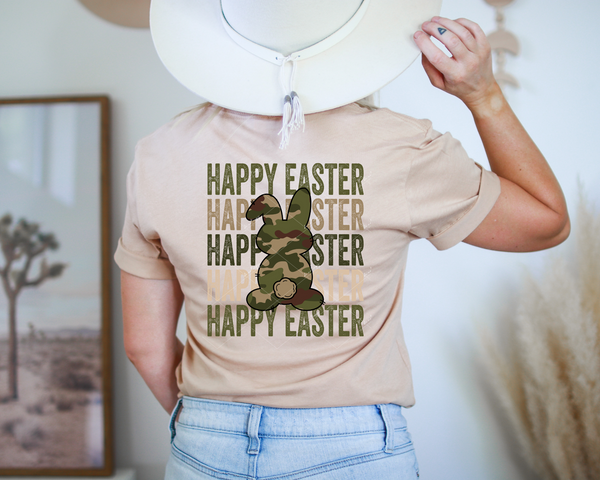 Happy Easter Happy Easter Happy Easter Happy Easter Happy Easter (block lettering, camo bunny back, camo colors) 1495 DTF TRANSFER