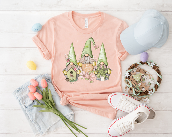 Let Spring Begin (three gnomes mint green, light peach colors, spring flowers, bird house) 8881 DTF Transfer