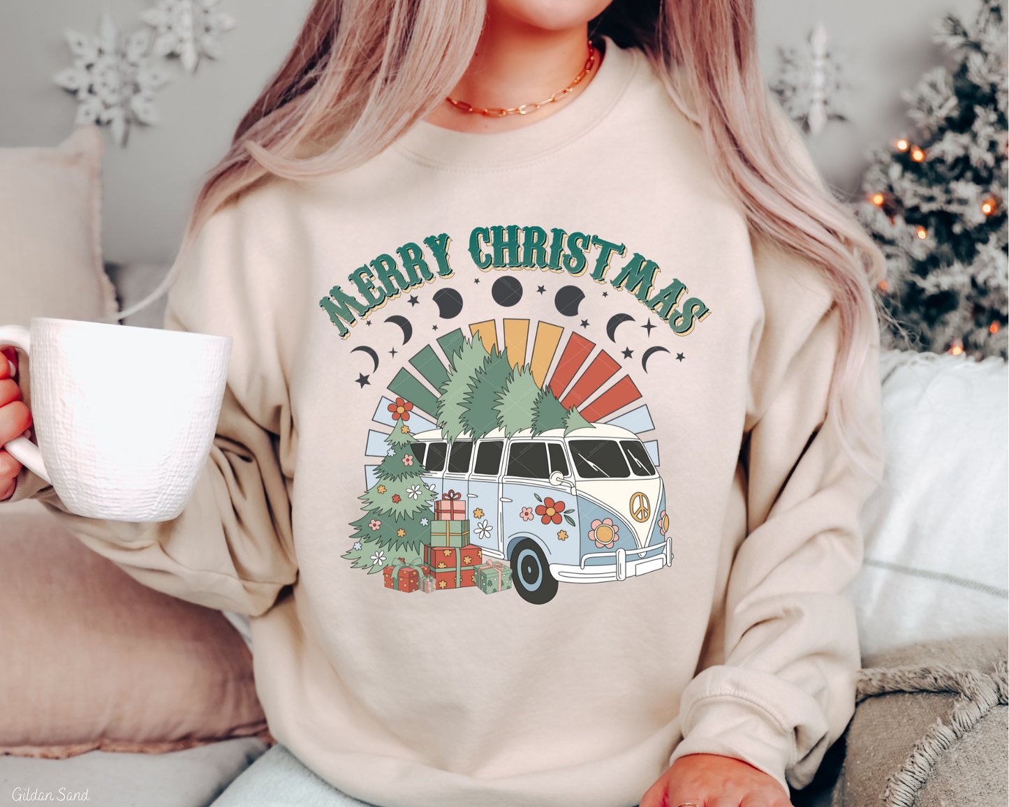 Merry Christmas Moon Van Christmas Tree (Green Font) 1004 DTF TRANSFER