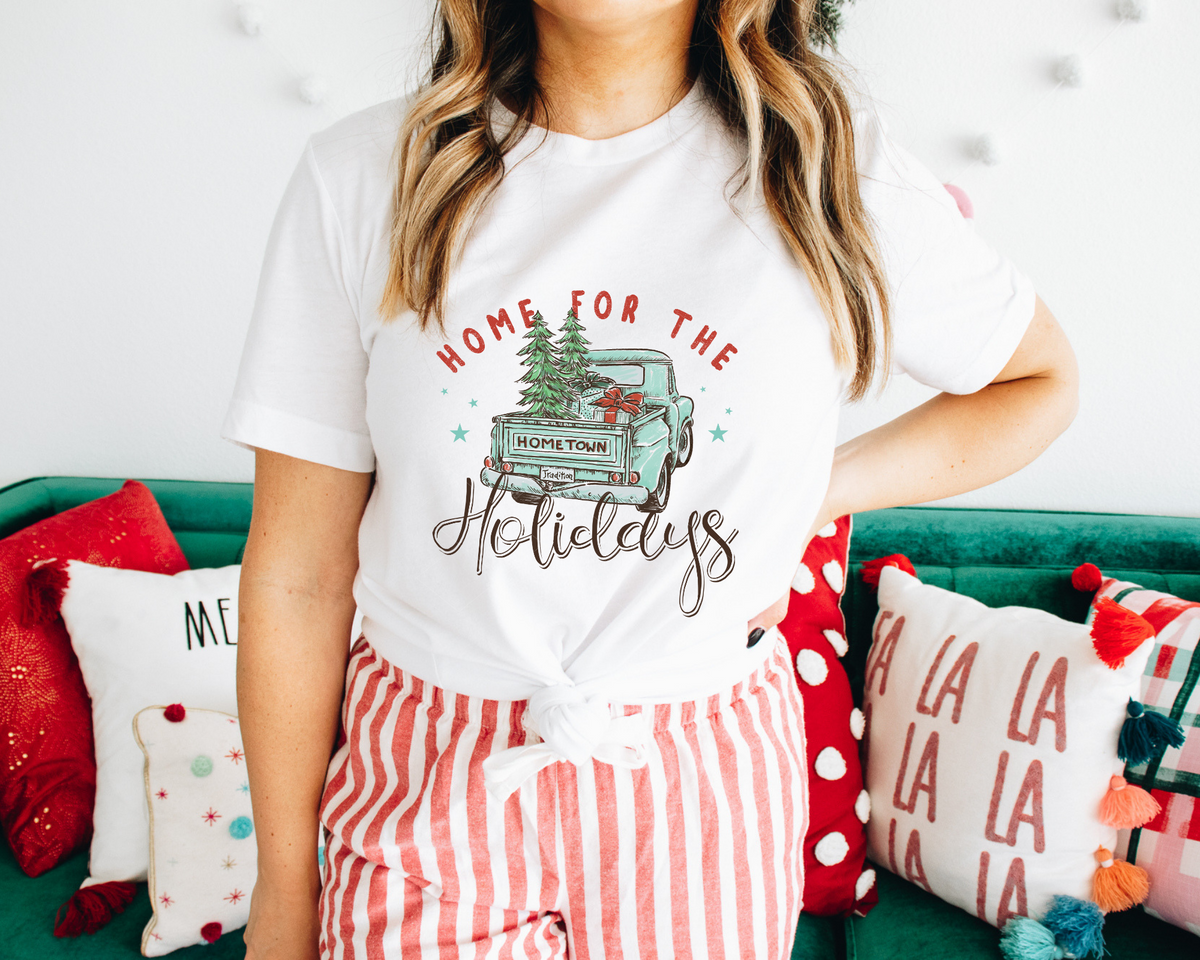 Home For The Holidays Teal Truck (Red Brown Font) 1685 DTF TRANSFER